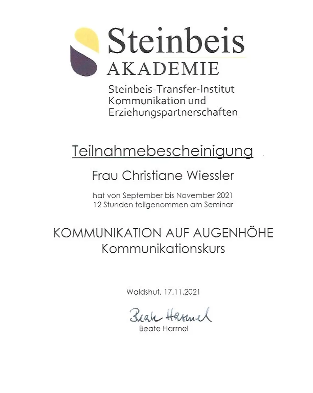 Praxis Lebenswege- Zertifikat der Steinbeis Akademie