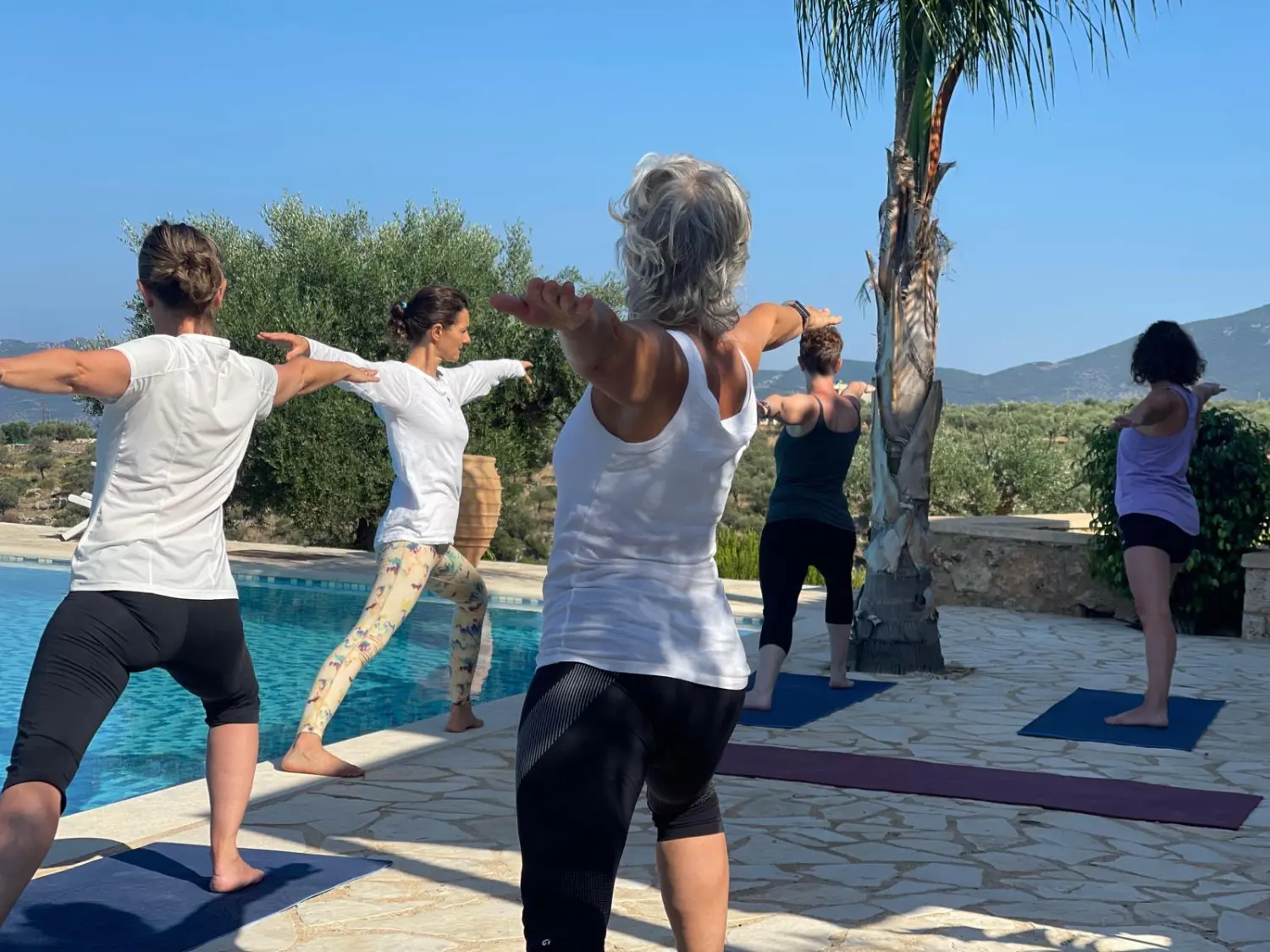 Praxis Lebenswege – Frauen praktizieren Yoga in der Nähe eines Pools in einer natürlichen Umgebung